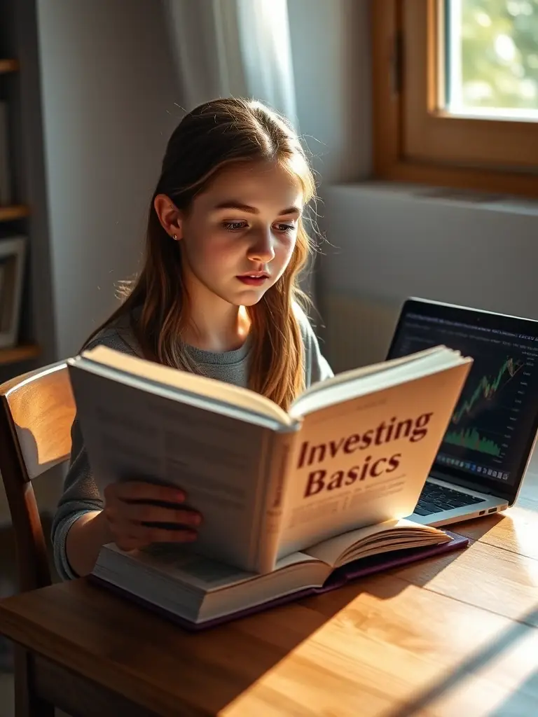 A teenager is reading a book about investing, sitting at a desk with a laptop and financial charts in the background, bathed in soft, natural light.