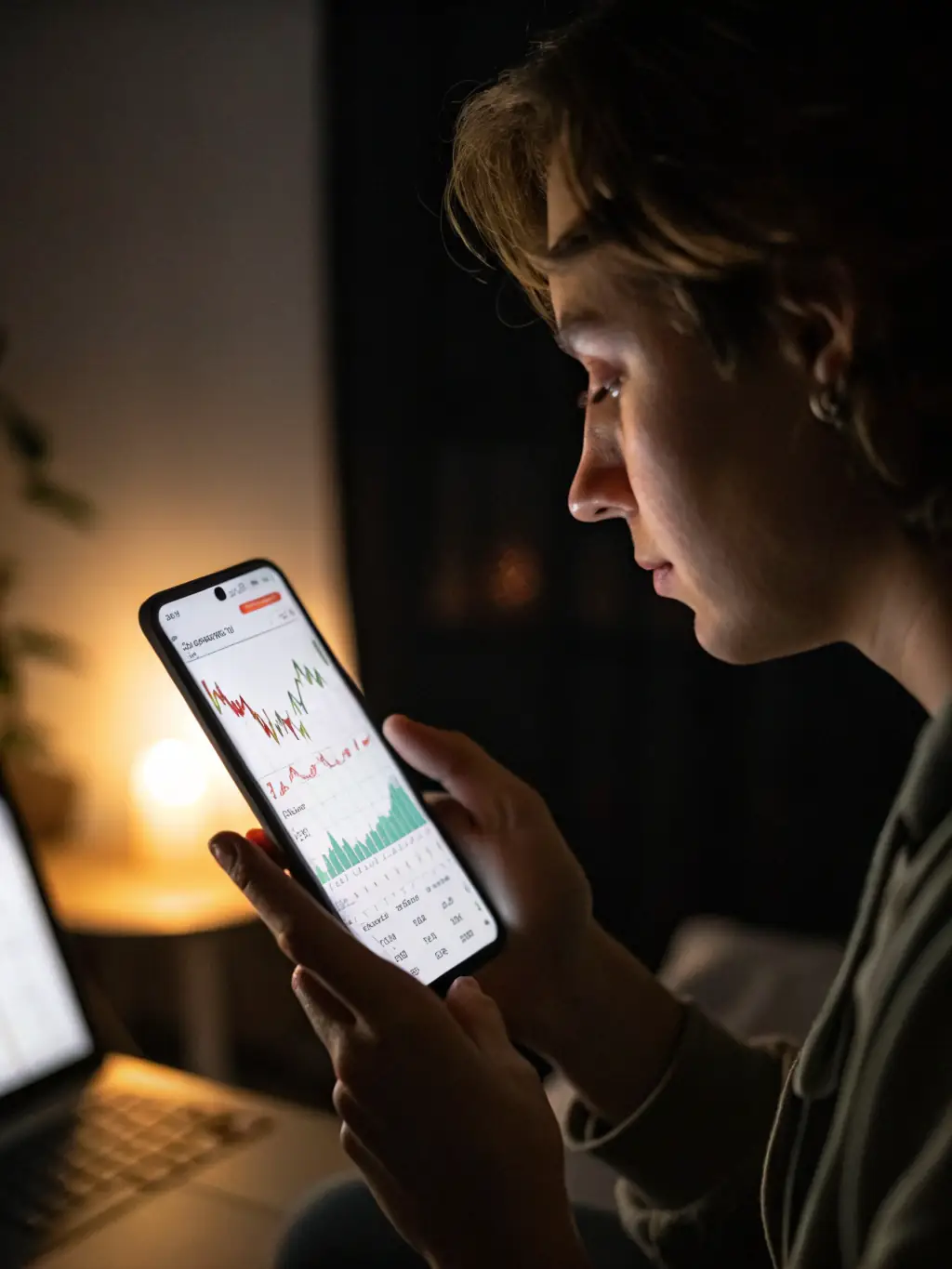 A young person is using a budgeting app on their smartphone, with graphs and charts illustrating financial planning and economic growth.