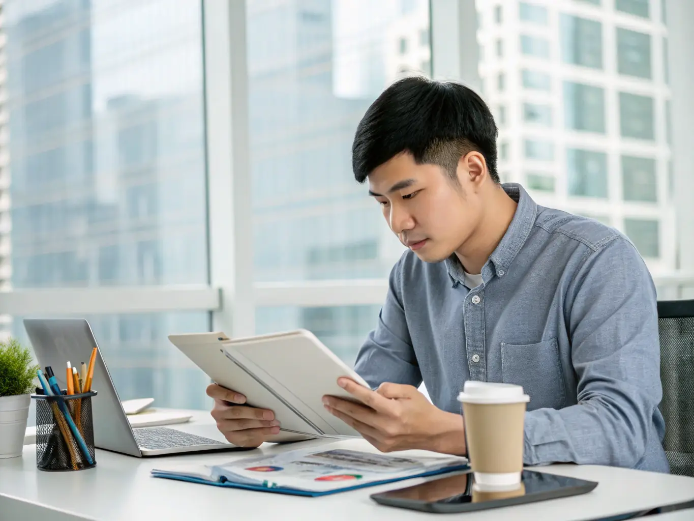 A teenager using a tablet to research investment options, with a focus on UK-based financial news and resources.
