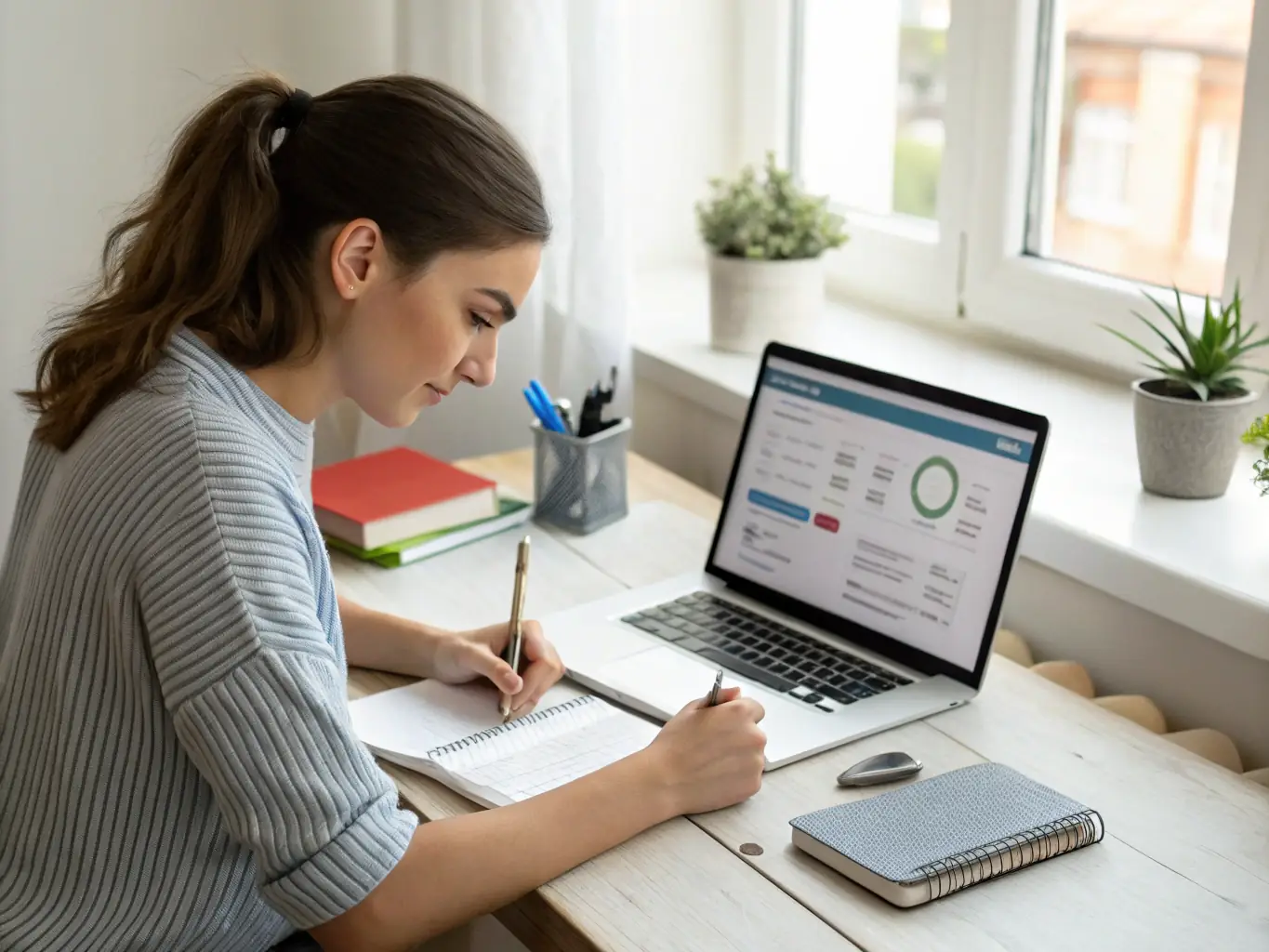 An image showing a teenager in the UK using a budgeting app on their smartphone, illustrating how technology can aid in managing personal finances and tracking expenses. The background includes visual elements representing savings and financial planning.