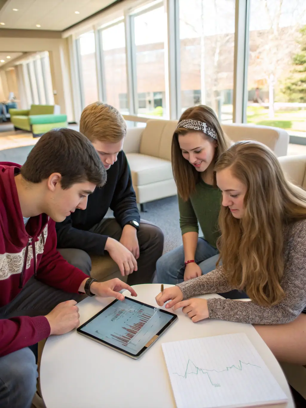 A group of teenagers are participating in an online investment simulation game, with stock tickers and market data displayed on their screens.