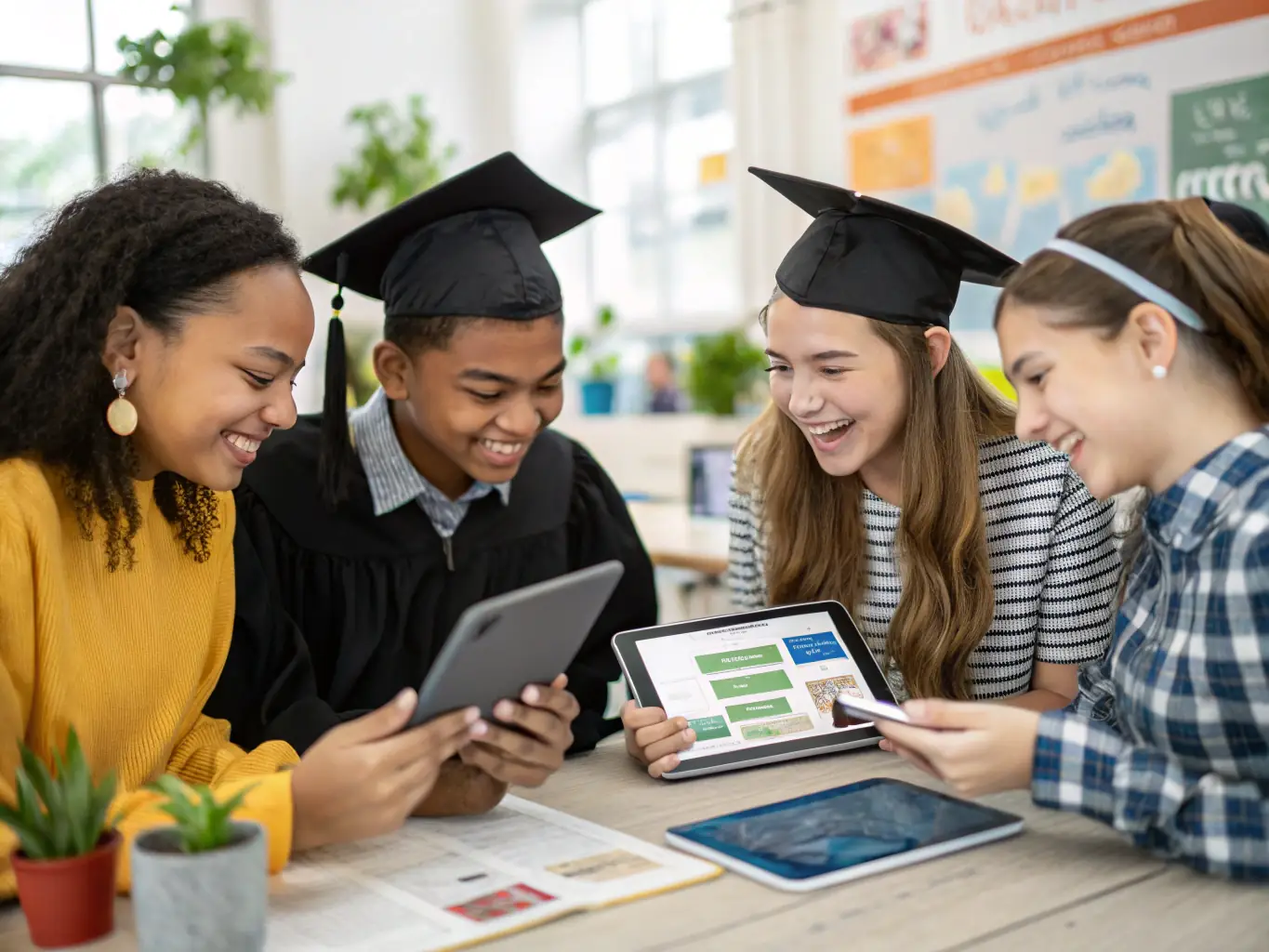 An image depicting a diverse group of UK teenagers actively participating in a financial literacy workshop, using tablets and engaging with interactive charts displaying investment growth and economic planning concepts. The setting is a modern, bright classroom environment.